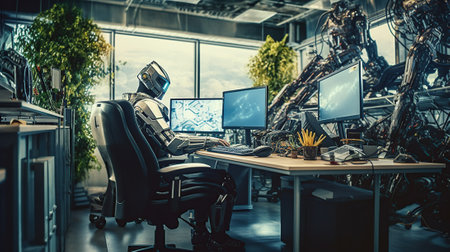 A robot working in a modern office with real people. Generative AIの素材