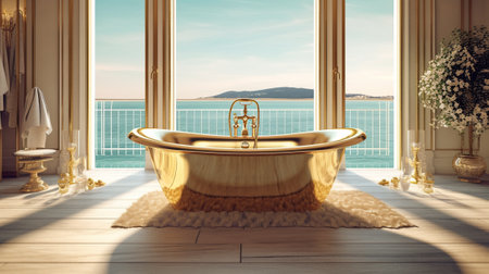 Bathtub with gold vase and towel on sea view Generative AIの素材