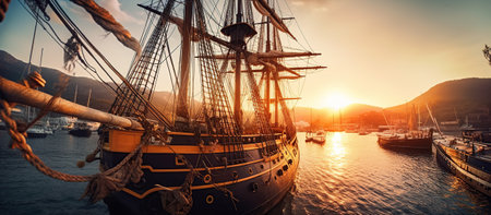 Pirate port overlooking old sailing ship Generative AIの素材