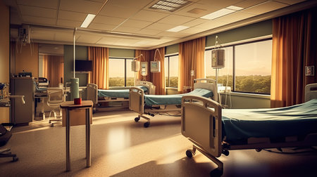 Hospital recovery room with beds and chairs. Generative AIの素材