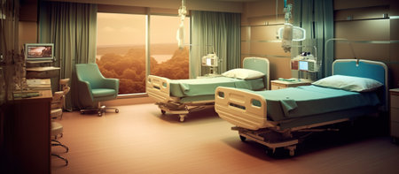 Hospital recovery room with beds and chairs. Generative AIの素材