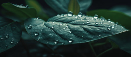 drops of transparent rain water on a green leaf macro, AI Generated Imageの素材