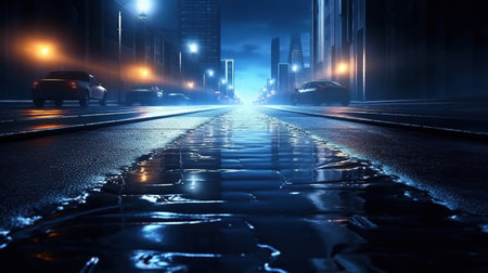Dark street, wet asphalt, reflections of rays in the water, Generative AIの素材