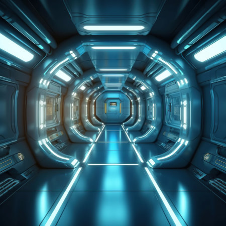 Spaceship corridor. Futuristic tunnel with light, Generative AIの素材