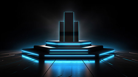 Futuristic dark podium with light and reflection Generative AIの素材