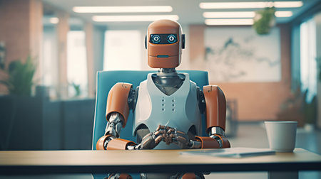 A robot waiting in a modern office for a job interview. Generative AIの素材