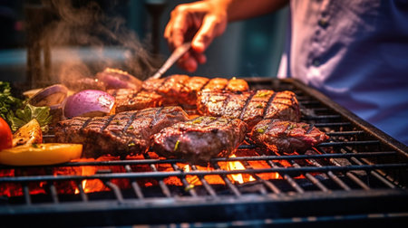 man grilling meat on barbecue Generative AIの素材
