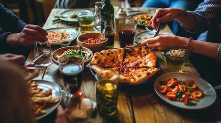 Cropped hands of friends having food at table Generative AIの素材