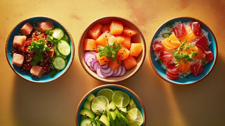 few bowls of poke in colorful bowls Generative AIの素材