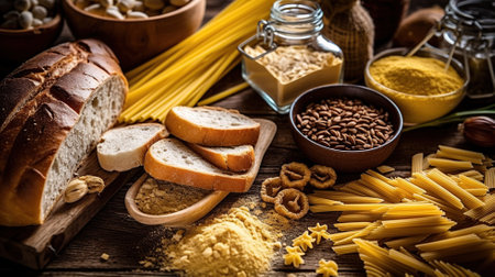 Gluten free food. Various pasta, bread, snacks Generative AIの素材