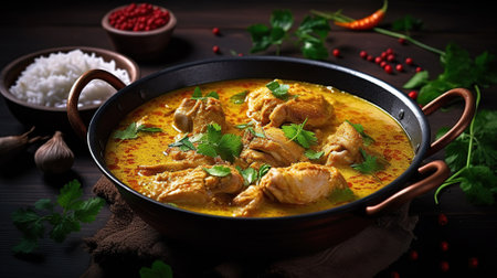 Chicken curry on dark background Generative AIの素材