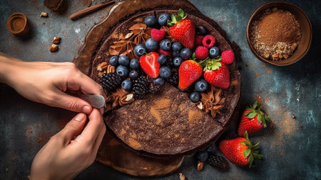 woman's hand reaching chocolate cake surrounded Generative AIの素材