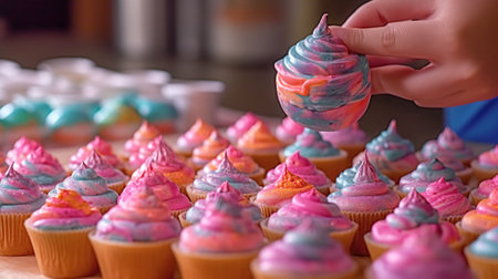 Making multicolor cupcakes for kids birthday party. Generative AIの素材