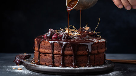 Pouring chocolate sauce onto delicious fresh cake Generative AIの素材