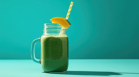Freshly blended green fruit smoothie in glass jar Generative AIの素材