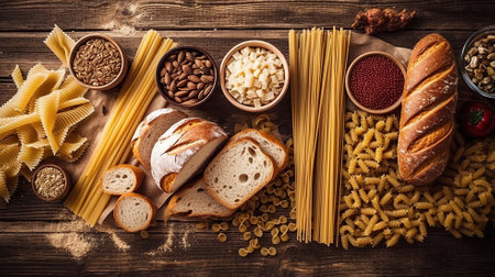 Gluten free food. Various pasta, bread, snacks Generative AIの素材