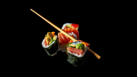 Sushi pieces placed between chopsticks, Generative AIの素材