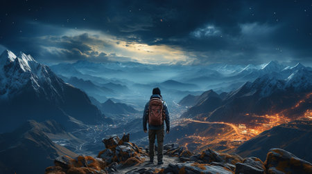 Milky Way arch and man on the mountain peak at starry night.の素材