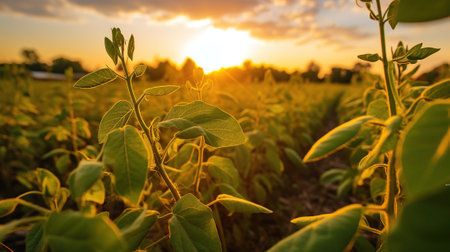 soybean field examining crop at sunset,の素材