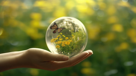 Earth crystal glass globe ball and growing tree in human hand, flying yellow butterflyの素材