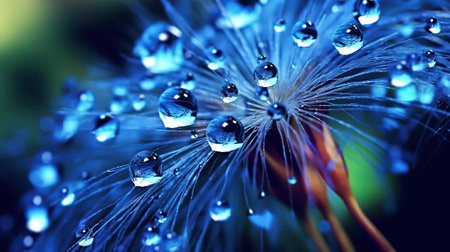 Transparent drops of water on a dandelion macro flower. Sparkling droplets water. Beautiful bright blue floral background.の素材