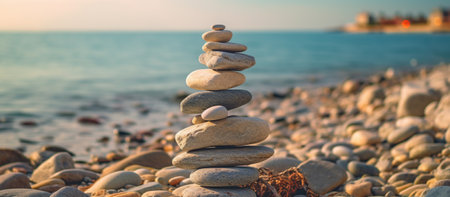 Stack of stones meditation yoga balance on sea shore, close upの素材