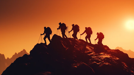 Group of people on peak mountain climbing helping team workの素材