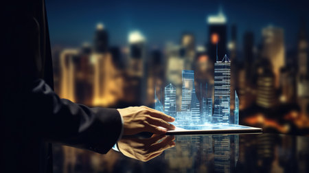 A man using digital tablet, and modern buildings hologram.の素材