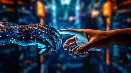 AI, Machine learning, Hands of robot and human touching on big data networkの素材