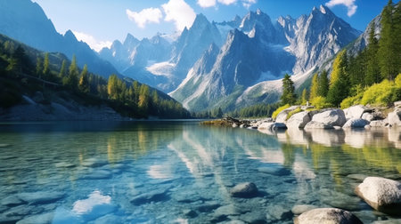 Colorful summer panorama lake and mountainの素材