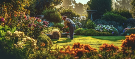 Residential Garden Worker Trimming Backyard Lawnの素材