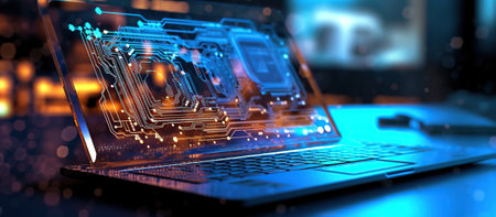 laptop with binary code on screenの素材