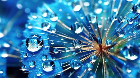 Transparent drops of water on a dandelion macro flower. Sparkling droplets water. Beautiful bright blue floral background.の素材