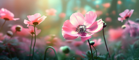 Beautiful pink flower anemones fresh spring morningの素材