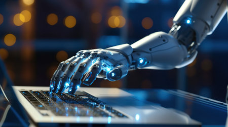 close up on robot hand working on laptopの素材