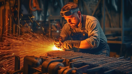 Man is working at metal factory, weldingの素材