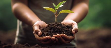 hand holding young plant on blur green nature background. concept eco earth dayの素材