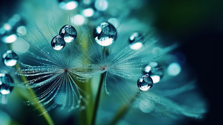 Beautiful water drops on a dandelion seed macroの素材