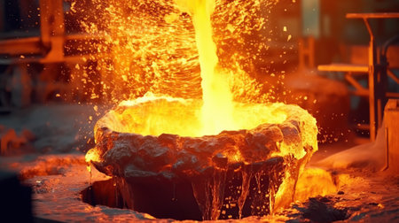 Liquid iron molten metal pouring in containerの素材