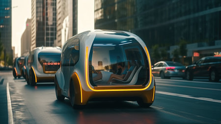 Shot of a Futuristic Self-Driving Van Moving on a Public Highway in a Modern Cityの素材