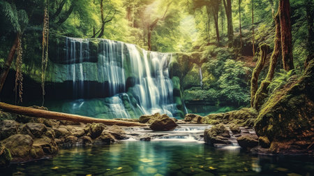 Panoramic beautiful deep forest waterfallの素材