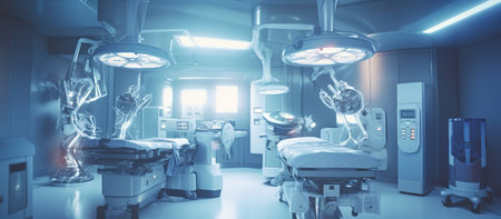 Medical technology concept with 3d rendering surgery robot in surgery roomの素材