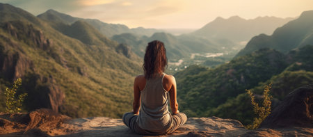 Woman practices yoga and meditates on the mountain.の素材