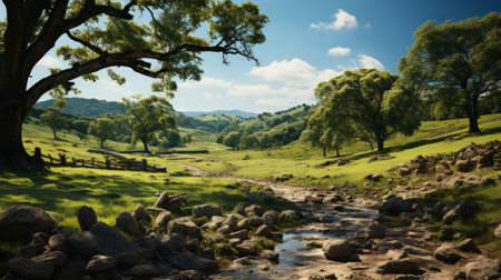 Beautiful landscape image of a river flowing through a green field with trees and rocksの素材