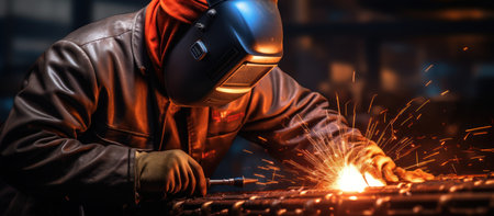 Industrial worker with protective mask welding metal and sparks flying in the airの素材