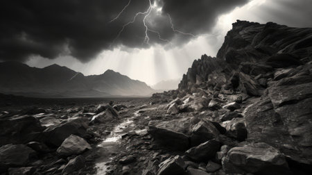 Storm in the mountains. Dramatic stormy sky. Black and whiteの素材