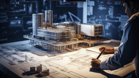 Architect working with blueprints and building model on table. Mixed mediaの素材