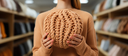 cropped view of woman in beige sweater holding knitted scarf in clothing storeの素材