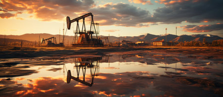 Oil pumps at sunset. Oil industry equipment.の素材