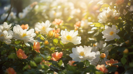 Beautiful white flower in the garden with sunlight background, stock photoの素材